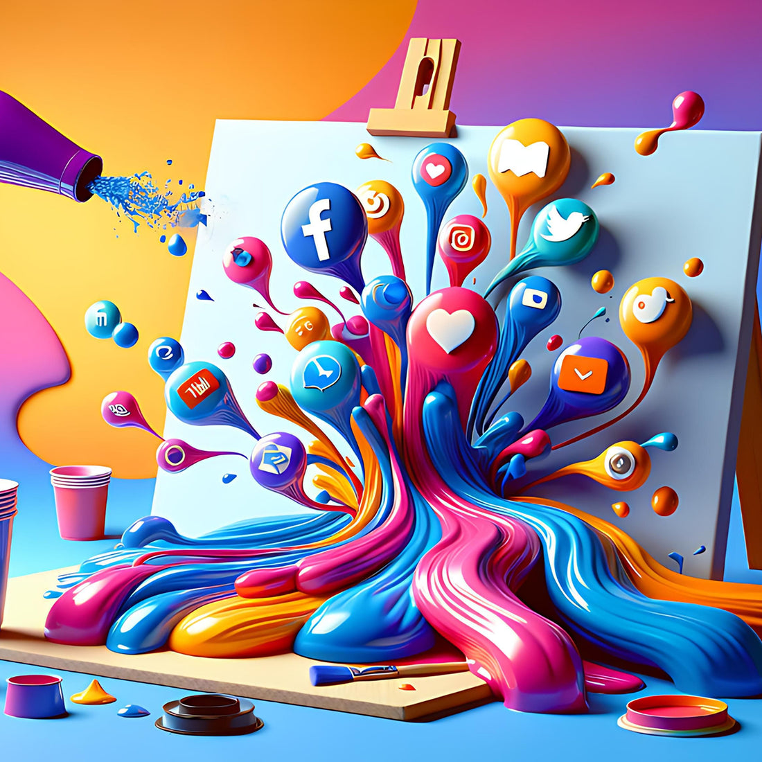 colorful paint pouring on a blank canvas, social media icons flowing in paint, 3d cartoon style, solo cups, hairdryer