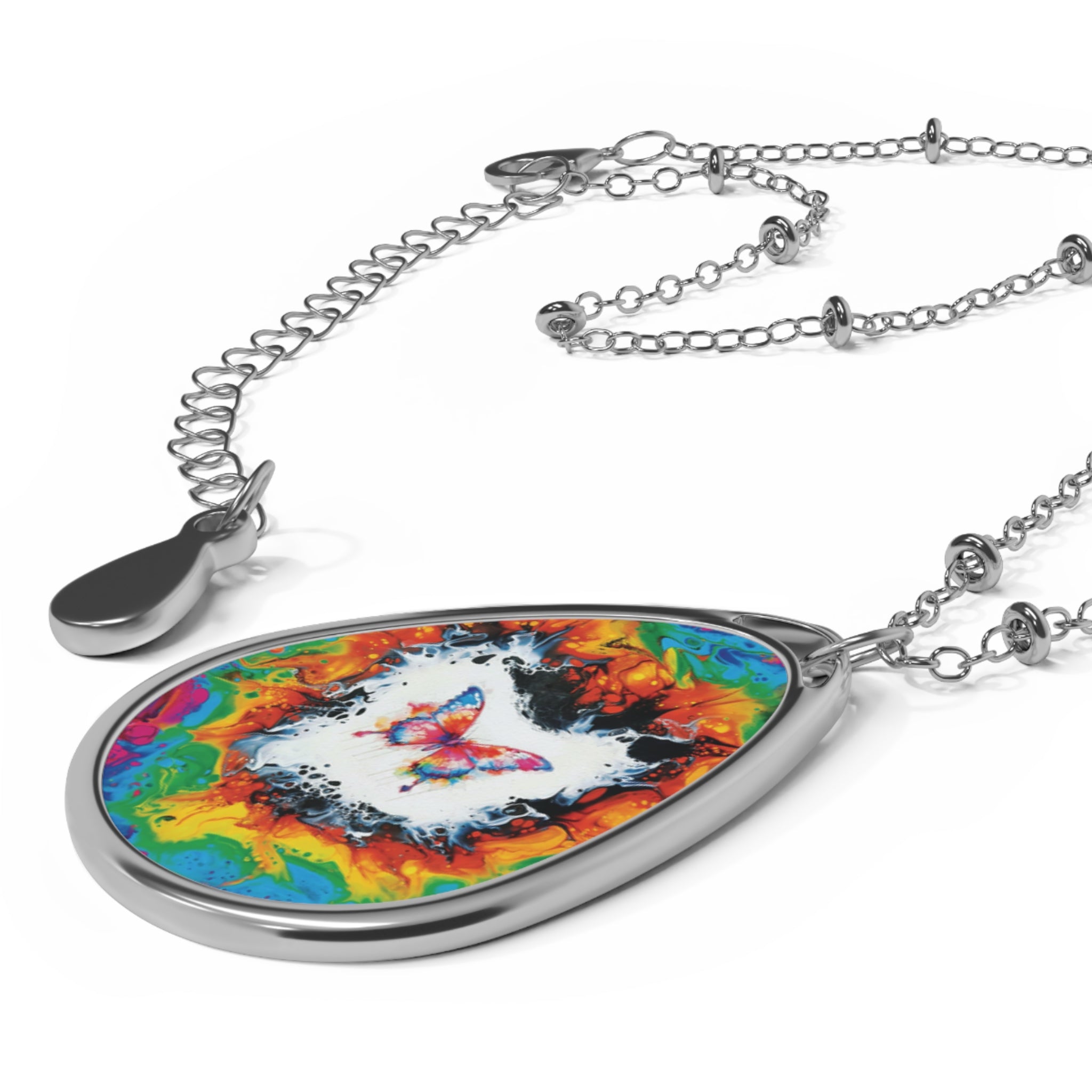 Printify Accessories One Size / Silver Rainbow Butterfly Oval Necklace