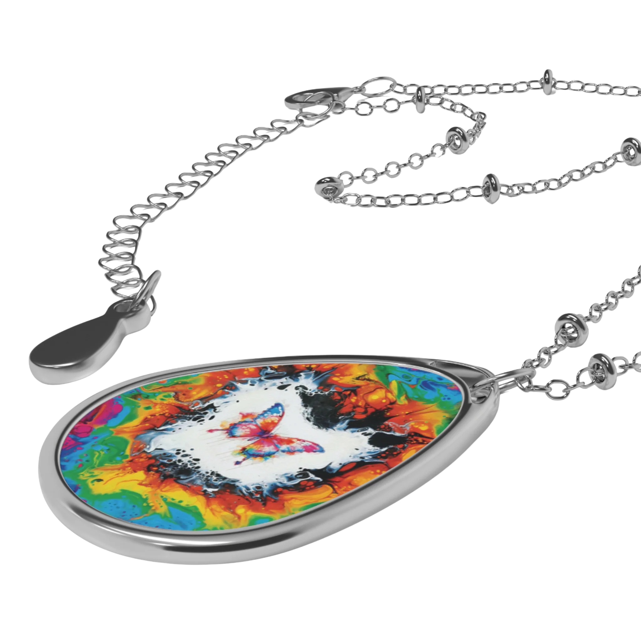 Printify Accessories One Size / Silver Rainbow Butterfly Oval Necklace