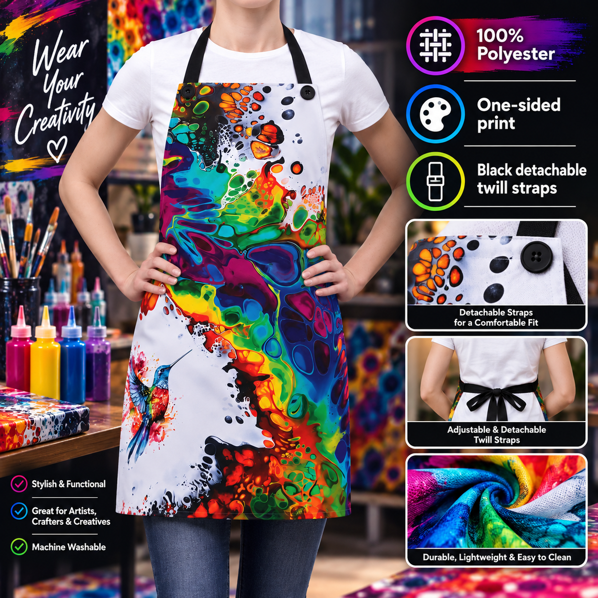 Printify Accessories One Size Rainbow Hummingbird Fluid Art Apron (AOP)