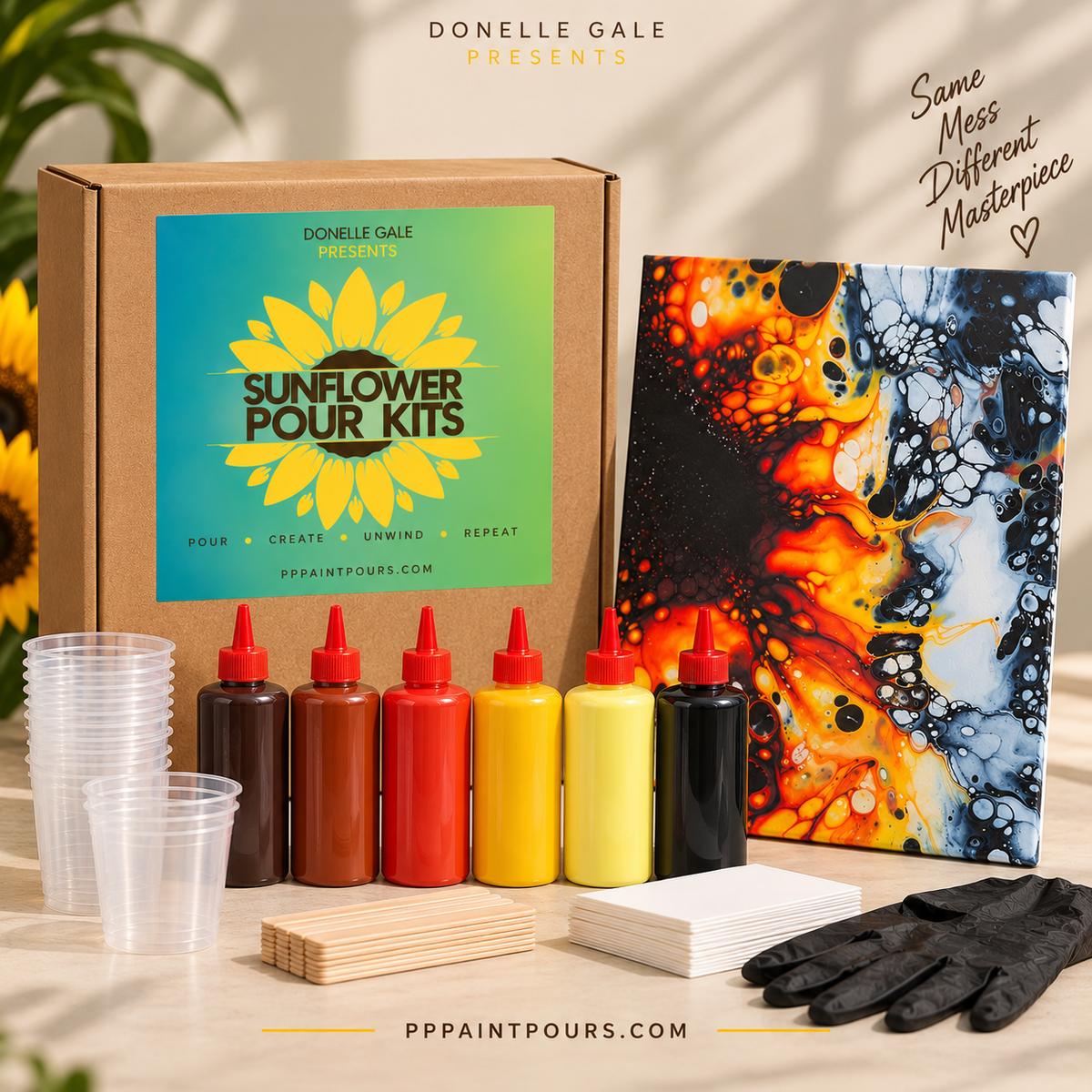 pppaintpours Paints Sunflower Pour Kit- Acrylic Pour Kit for Beginners